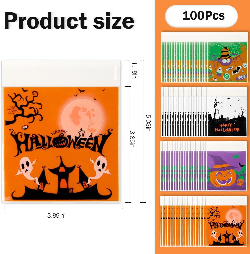 Halloween Treat Bags, 100PCS Self-Sealing Halloween Candy Bags, Halloween Trick or Treat Bags Halloween Cellophane Treat Bags Bulk Halloween Decorations Halloween Goodie Bags Snack Bags for Candy