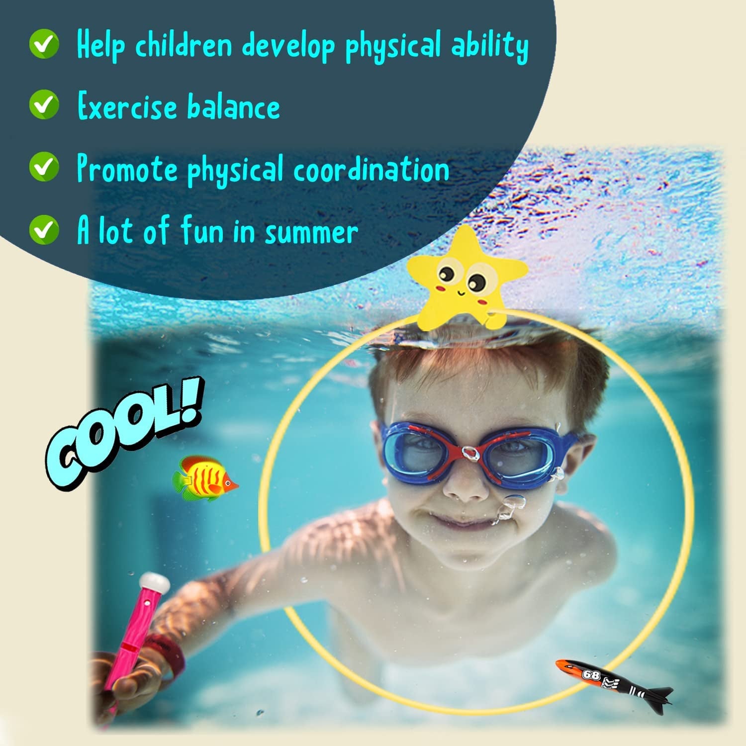Diving Toys,27 Pcs Pool Toys with Diving Swim Thru Rings for Kids Age 3-12,Dive Sticks,Diving Rings,Diving Gem,Diving Octopus,Pool Torpedo,Mesh Bag Include