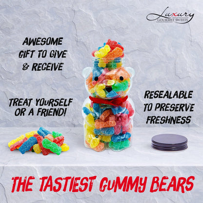 Luxury Gourmet Sweets Gummy Bears Jar Candy Gift Ready Plastic Jar Stuffed With Sour Gummies Candy 1 LB Gummie Candies In Bear Shaped Container With Stunning Red Bow Assorted Gummy Candy Candy Gift For All Occasions. (Sour Gummies) - Loomini