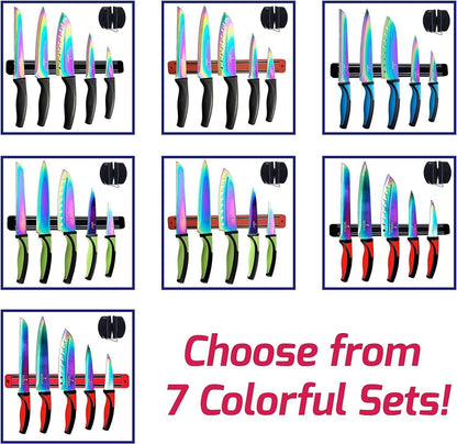 Kitchen Knife Set Kit 5 Dishwasher Safe Colorful Knives Knife Sharpener & Magnetic Wall Bar Titanium Non Stick Plating Stainless Steel - Loomini