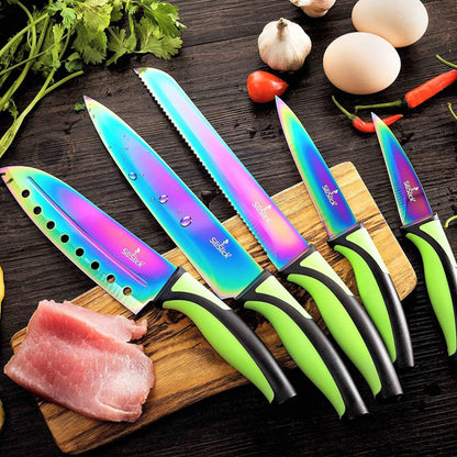 Kitchen Knife Set Kit 5 Dishwasher Safe Colorful Knives Knife Sharpener & Magnetic Wall Bar Titanium Non Stick Plating Stainless Steel - Loomini