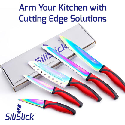 Kitchen Knife Set Professional Titanium Coated Stainless Steel Blades Dishwasher Safe Safety Sheaths 5 Knives - Loomini