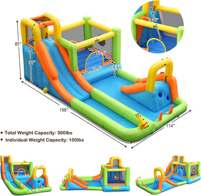 Inflatable Water Slide, 8 in 1 Mega Waterslide Park Bounce House for Outdoor Fun W/735W Blower, Long Slide, Splash Pool, Water Slides Inflatables for Kids and Adults Backyard Party Gifts