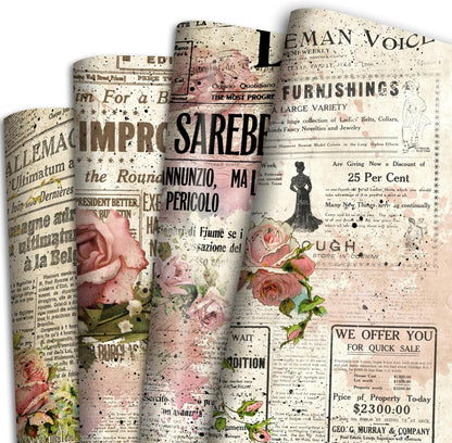 Retro Newspaper Wrapping Paper for Women - 8Pcs Vintage Wrapping Paper with Newspaper Print - Rose Flower Gift Wrap for Wedding Birthday Baby Shower Other Craf Gift Packing(19.6 X27.8Inch)