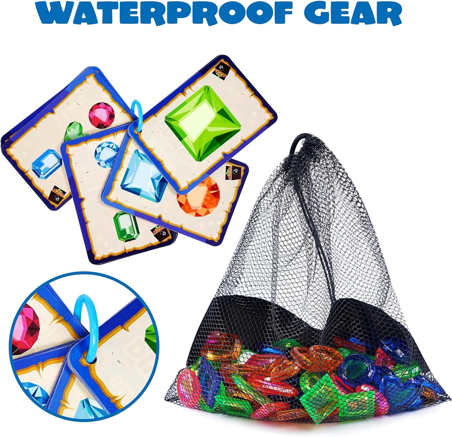 4-In-1 Diving Pool Toys, Underwater Seek and Find Gems Game Set Waterproof, Swiming Pool Toys for Kids with Mesh Bag, Water Toy Gifts for Summer Swim Dive Search Treasure Match Games