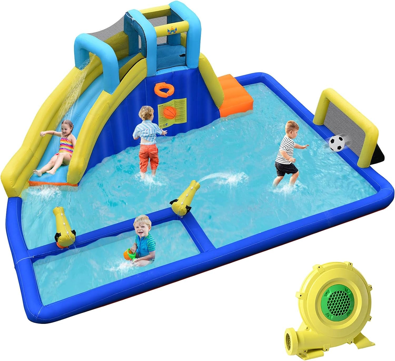 Inflatable Water Slide Park, 9 in 1 Mega Waterslide Bounce House for Outdoor W/Dual Slides, Giant Splash Pool, 735W Blower, Water Slides Inflatables for Kids and Adults Backyard Party Gifts