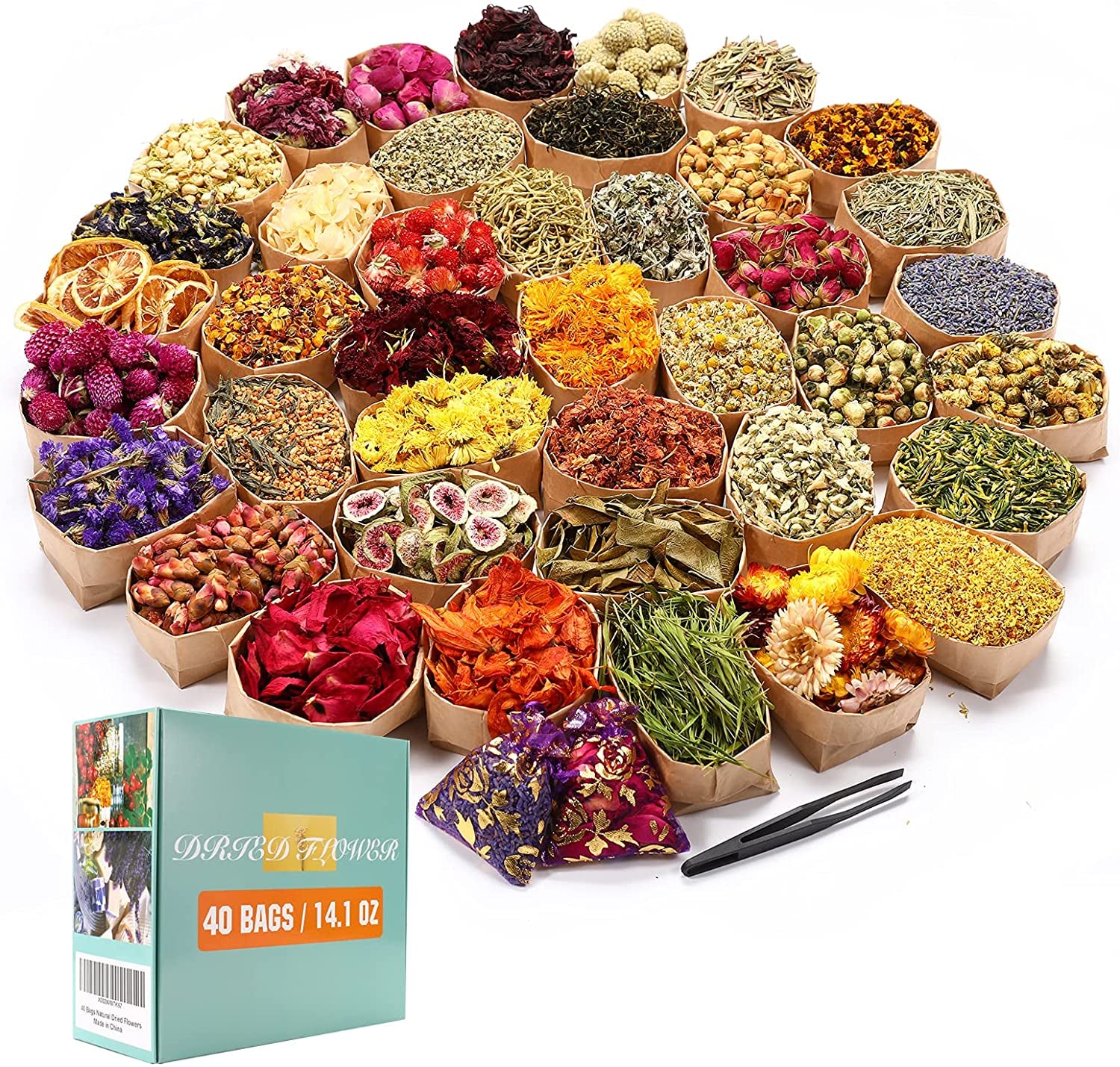 24 Bags Dried Flowers,100% Natural Dried Flowers Herbs Kit for Soap Making, DIY Candle Making,Bath - Include Rose Petals,Lavender,Don'T Forget Me,Lilium,Jasmine,Rosebudsand More