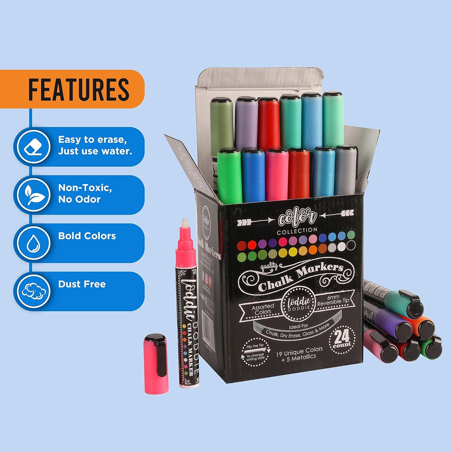 Liquid Chalk Markers | Dust Free Chalk Pens - Perfect for Chalkboards, Blackboards, Windows and Glass | 6Mm Reversible Bullet & Chisel Tip Erasable Ink (Pack of 24)