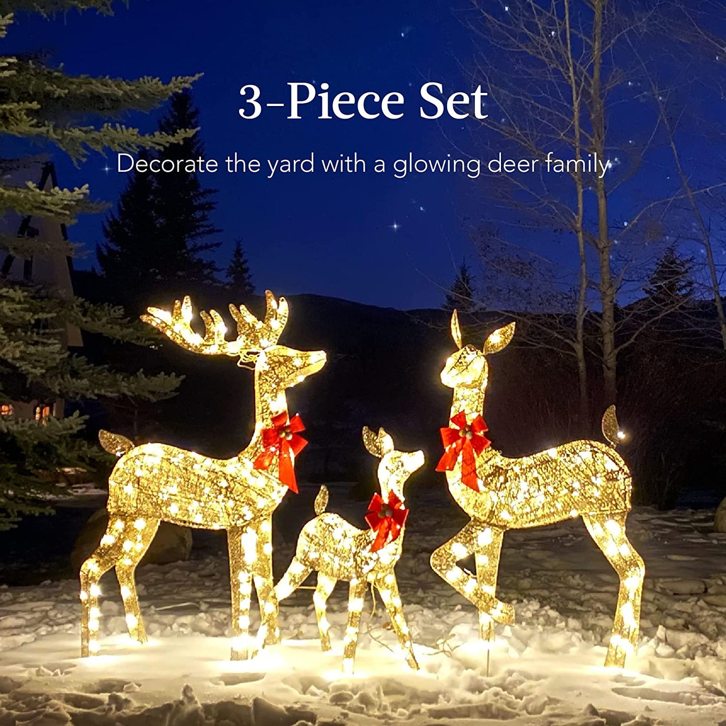 3-Piece Large Lighted Christmas Deer Family Set 5Ft Outdoor Yard Decoration with 360 LED Lights, Stakes, Zip Ties - Gold