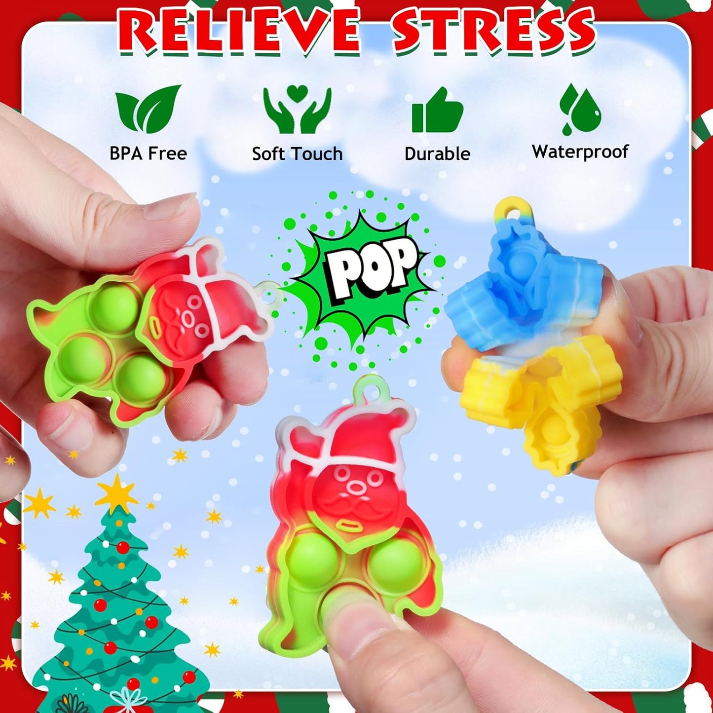 Christmas Party Favors for Kids: Mini Pop Keychain Toys Pack - Bubble Sensory Stocking Stuffers for Boys & Girls - Stress Relief Classroom Supplies Prizes Gifts - Goodie Bags Box（32Pcs