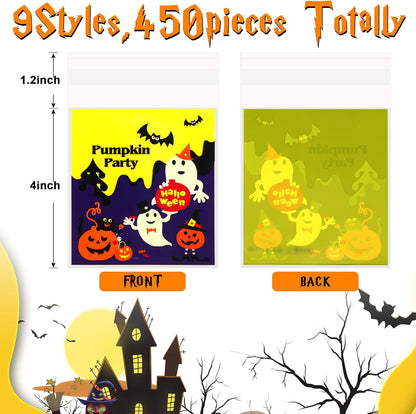 450Pcs Halloween Candy Bags, 9 Styles Self Adhesive Trick Candy Bag Cellophane Cookie Bags for Halloween Trick or Treat Goodie Ziplock Bags Party Favor