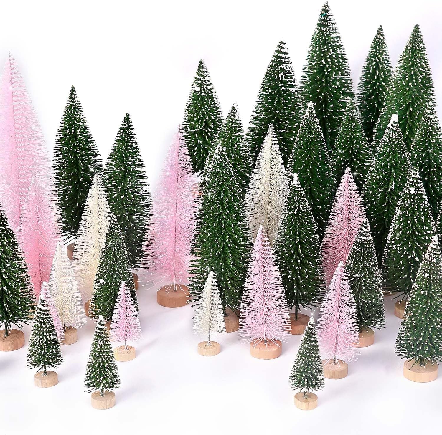 30Pcs Mini Christmas Trees Artificial Christmas Tree Bottle Brush Trees with Wooden Base for Christmas Decor Christmas Party Home Table Craft Decorations(Green+Beige+Pink)