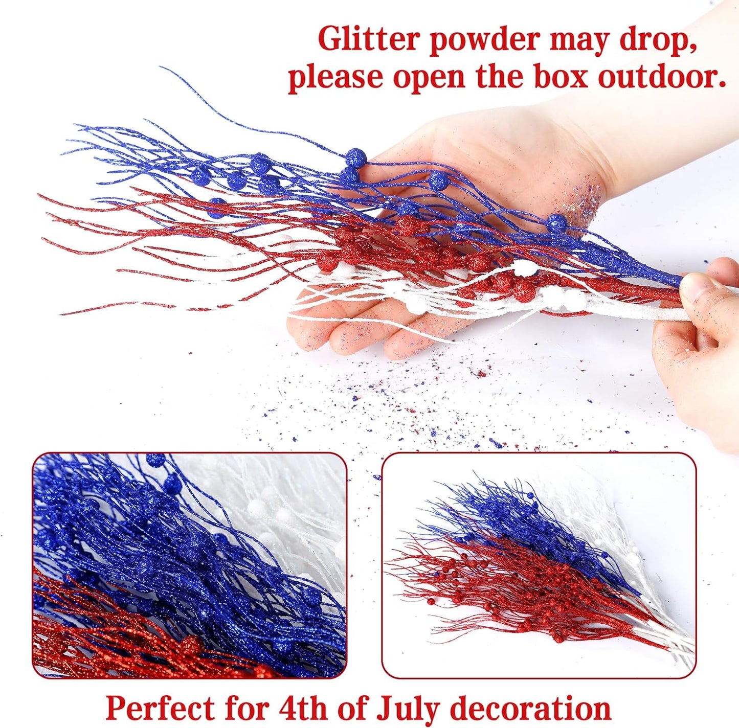 24 Pack Artificial Glitter Berry Stem Ornaments 17 Inches Fake Patriotic Picks Decorative Red White Blue Glitter Sticks for 4Th of July Independence Day Memorial Day DIY Crafts Home Decor