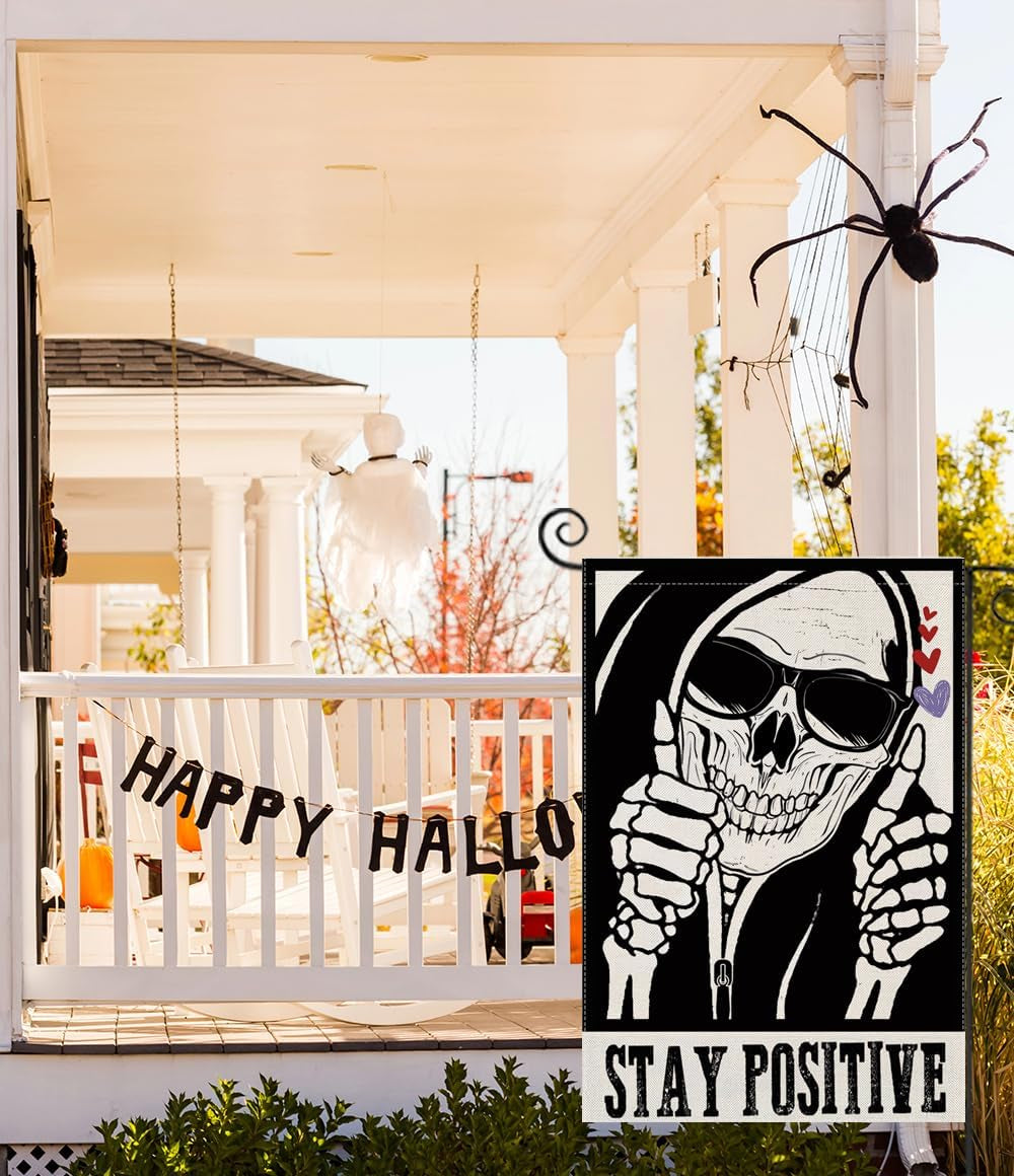 Halloween Garden Flags for outside Decoration, STAY POSITIVE Funny Skeleton Small Yard Flag for Outdoor Decor 12X18 Inch Vertical Double Sided