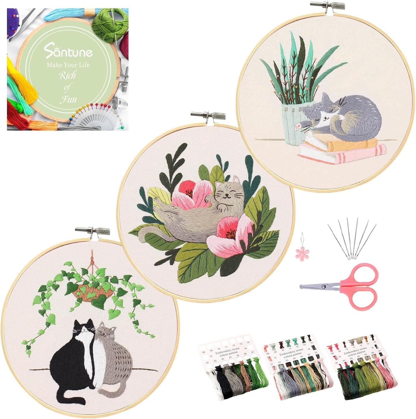 3 Sets Embroidery Kit for Beginners Needlepoint Cross Stitch Kits for Adults,Stitch Learning DIY Kit with Easy Instruction Video,Stamped Floral Embroidery Patterns,Hoop,Threads,Sewing Hobby