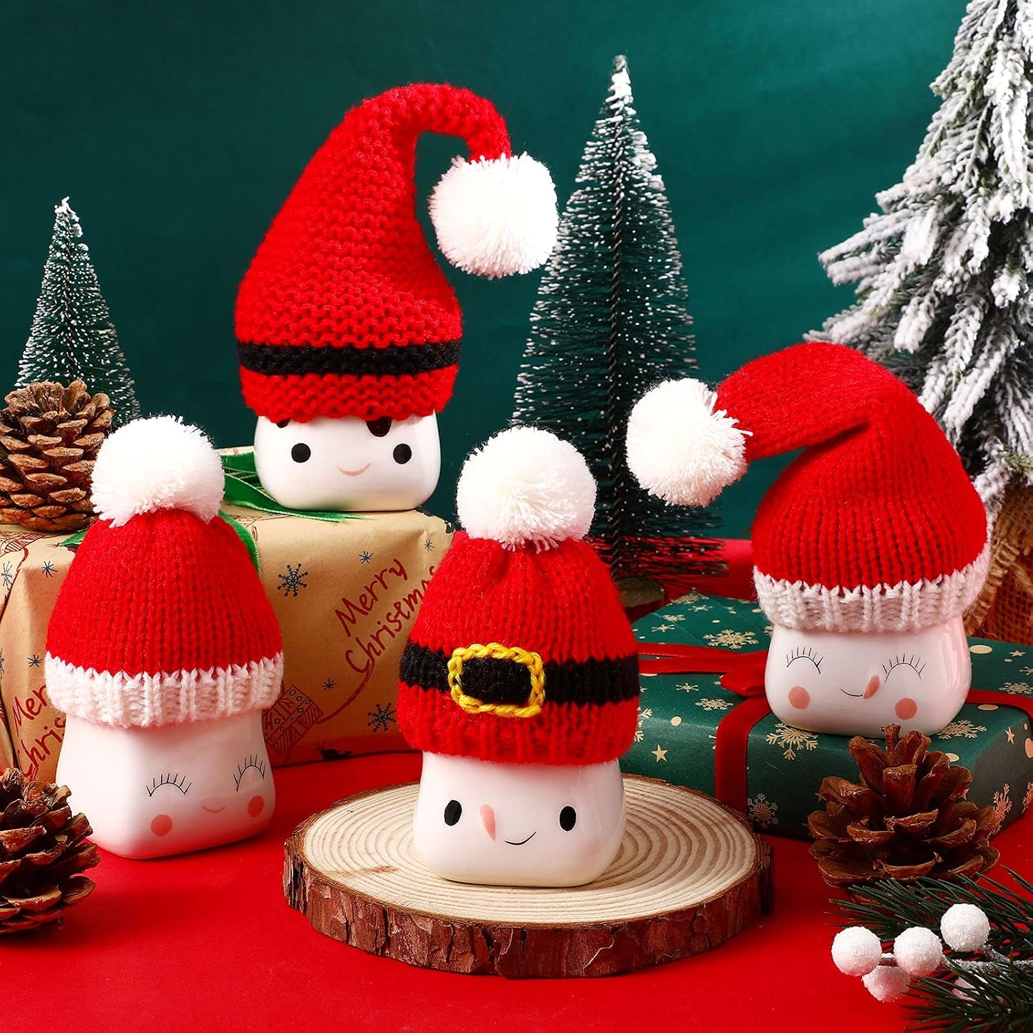 4 Pieces Christmas Marshmallow Mug Hat Mini Xmas Crochet Hat Cute Tired Tray Decors Red Xmas Knitted Hats Small Coffee Mug Topper for Christmas Farmhouse Home Kitchen Office Coffee Mug Decorations