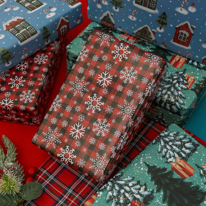 Christmas Wrapping Paper for Kids Boys Girls Man Women Holiday Party. 6 Large Sheets Gift Wrap 3 Vintage Designs, Red & Black Plaid with Snowflake, Pine and Gifts,26.7 Inch X 37Inch per Sheet