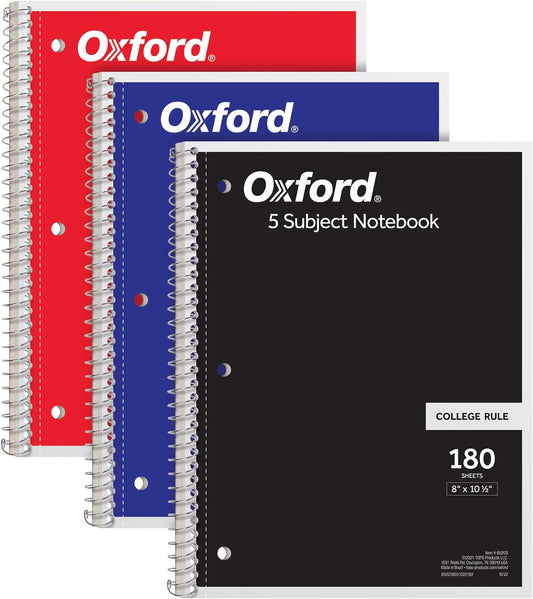 Spiral Notebook 3 Pack, 5 Subject, College Ruled Paper, 4 Dividers, 8 X 10-1/2 Inches, Black, Red, Blue, 180 Sheets (65203)