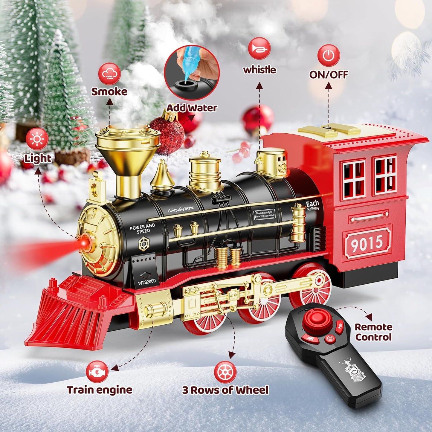 Train Set - Christmas Train with Remote Control Train Toys for Boys with Smokes, Lights and Sound,Toy Train Set for under Christmas Tree, Toddler Model Trains for 3 4 5 6 7 8+ Years Old Kids