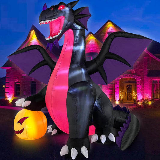 9FT Halloween Inflatable Dominating Dragon with Pumpkin Outdoor Decoration, Blow up Yard Decoration with LED Lights Spooky for Halloween Fun Holiday Party Yard Garden Lawn Decor