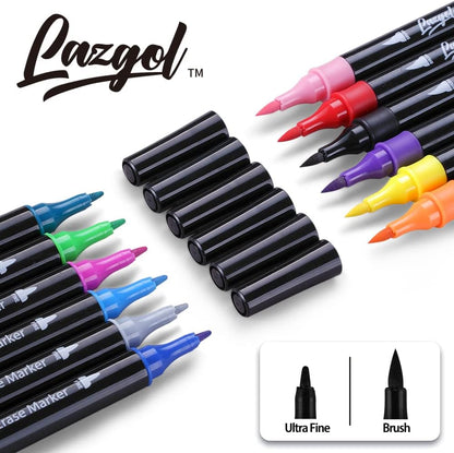 Wet Erase Markers Dual Tip,  12 Assorted Colors, Dual Tip Brush & Fine Overhead Transparency Smudge Free Markers for Dry Erase Whiteboard, Refrigerator Calendars, Glass, Films and Any Kind Of
