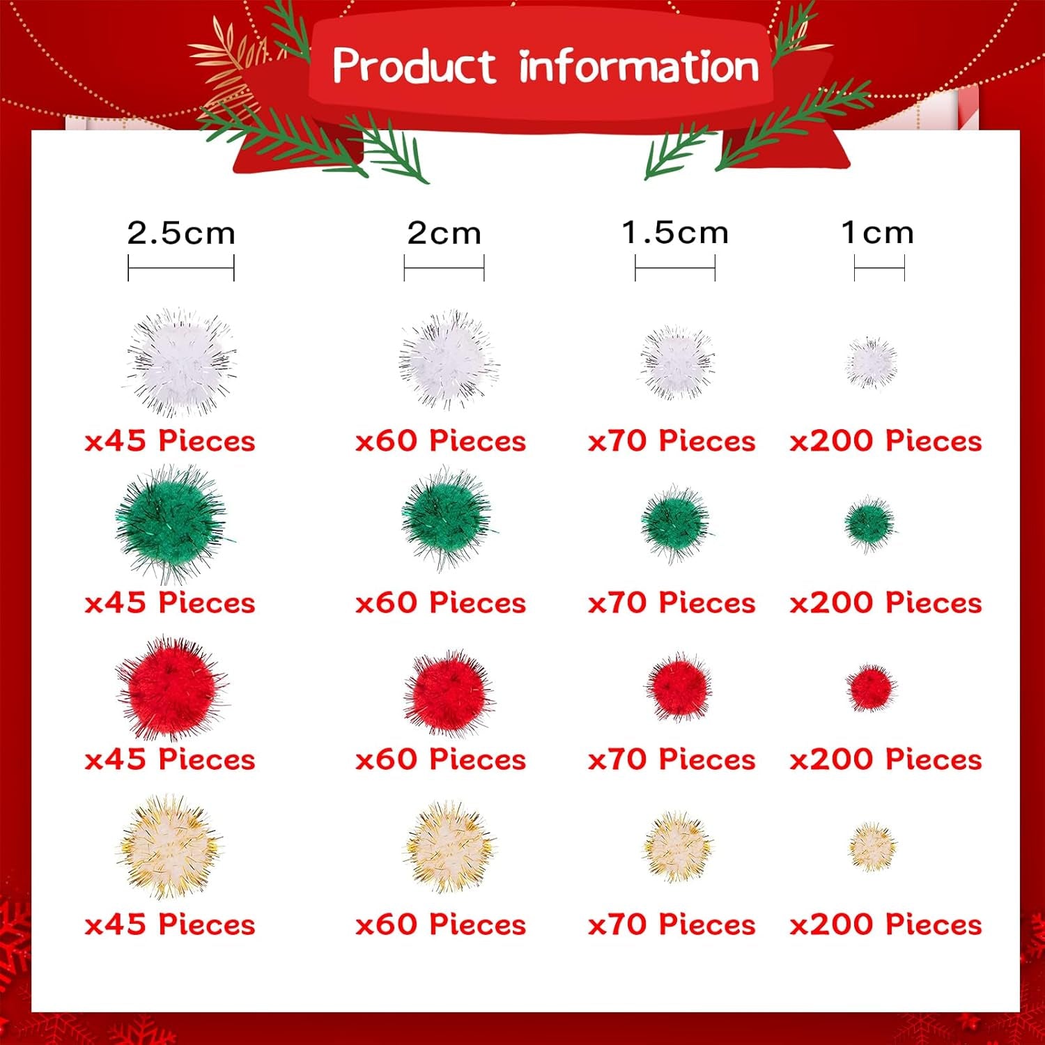 1200 Pieces Christmas Pom Pom Tinsel Glitter Pom Pom Balls for Crafts and Decorations(4 Sizes, Gold, White, Red, Green)