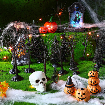 19 Pcs Halloween Village Accessories Set Miniature Halloween Figurines Houses Ornaments Bare Branches LED Tombstones Skeleton Pumpkin Statues Fake Spiders Halloween Party Decor