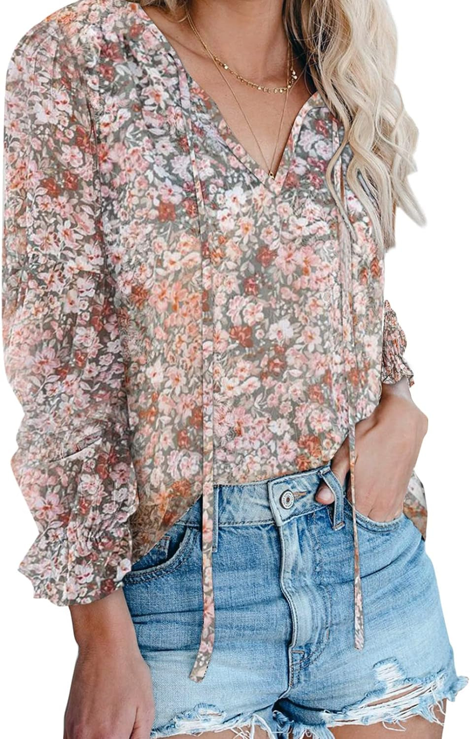 Women'S Casual Boho Floral Printed V Neck Tops Drawstring Short Long Sleeve T Shirt Blouses