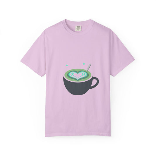 Matcha Latte Heart Graphic | Unisex Garment-Dyed T-Shirt, Cozy Cafe Aesthetic | Valentine, Galentine, BFF Gift | Soft Vintage Wash