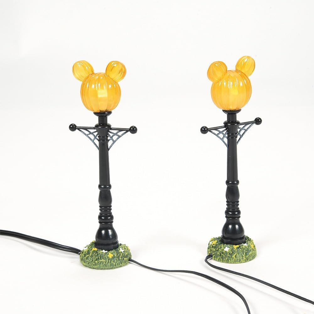 Disney Village Halloween Accessories Pumpkintown Mickey Mouse Street Lights Lit Figurine Set, 4.625 Inch, Multicolor