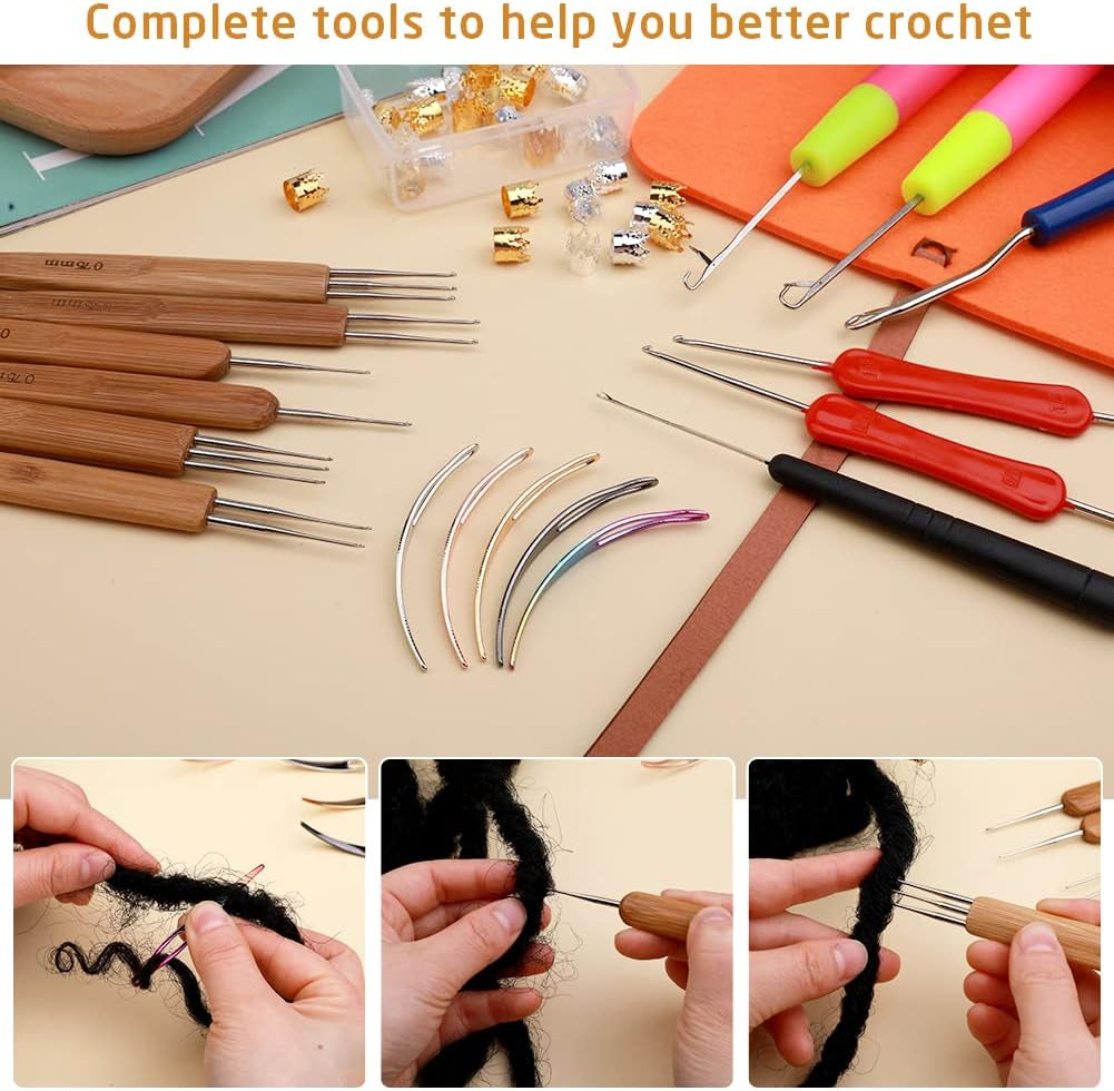 Dreadlock Crochet Hook, 48 Pcs Dreadlock Crochet Hook Tool, 6 Dreadlock Crochet Needle, Different Size Bent Latch Hook, Crochet Needle for Hair Braiding with Case and Dreadlocks Tool