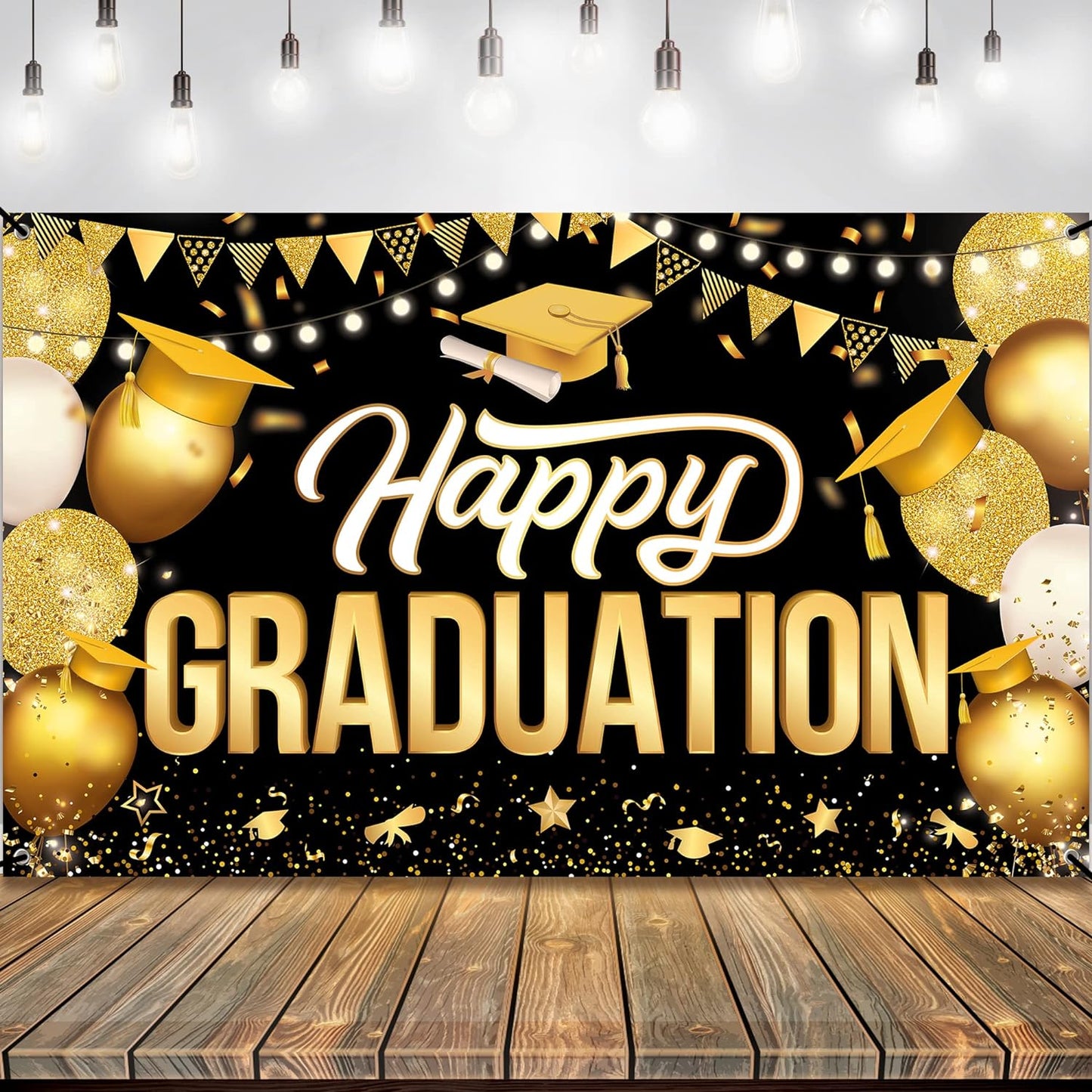 , Congratulations Grad Banner - Large, 72X44 Inch | Glitter Black and Gold Graduation Backdrop, Graduation Decorations Class of 2024 | Congratulations Banner, 2024 Graduation Party Decorations