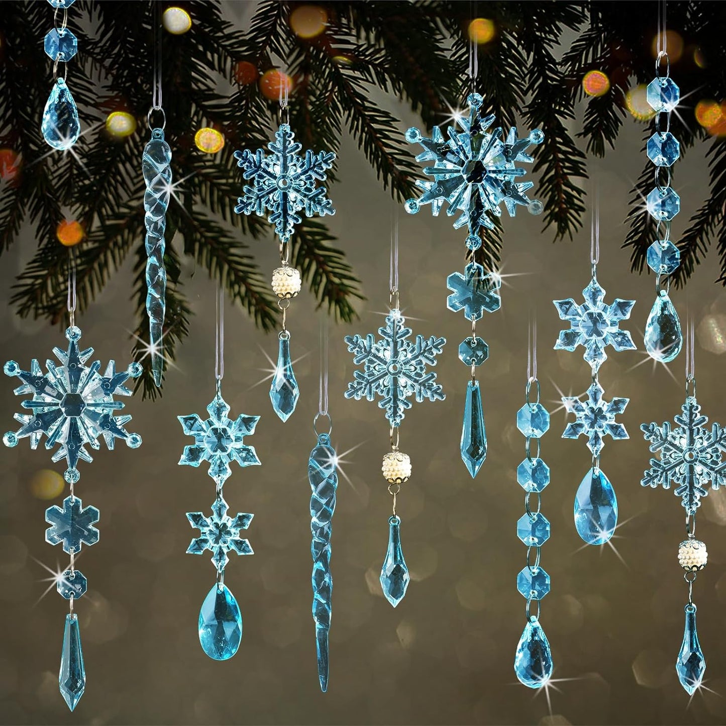 18Pcs Crystal Christmas Ornaments for Christmas Tree Decorations- Light Blue Hanging Acrylic Snowflake and Icicle Ornaments with Drop Pendants for Christmas Tree New Year Party Decorations Supplies