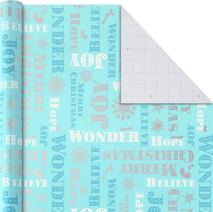 Christmas Wrapping Paper Bundle with Cutlines on Reverse (3 Rolls: 80 Sq. Ft. Ttl) Teal and Silver, Elegant Woodland with Deer, Holographic Pinecones