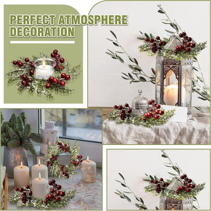 Christmas Candle Rings Mini Christmas Wreath Artificial Red Berries and Pinecones Pillars Candle Rings Kitchen Cabinets Small Wreaths Decor for Christmas Window Table Farmhouse Decoration(6 Pieces)