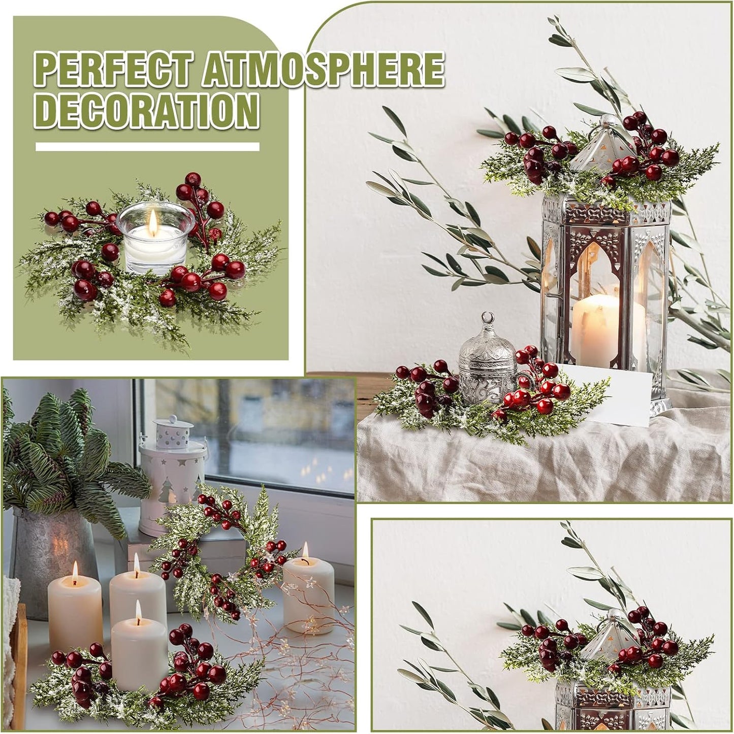 Christmas Candle Rings Mini Christmas Wreath Artificial Red Berries and Pinecones Pillars Candle Rings Kitchen Cabinets Small Wreaths Decor for Christmas Window Table Farmhouse Decoration(24 Pieces)