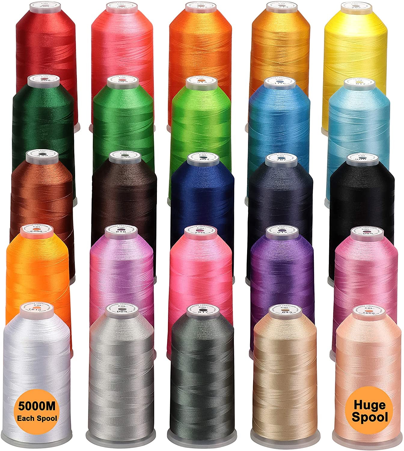 s - 25 Basic Colors of Huge Spool 5000M Polyester Embroidery Machine Thread for Commercial and Domestic Embroidery Machines