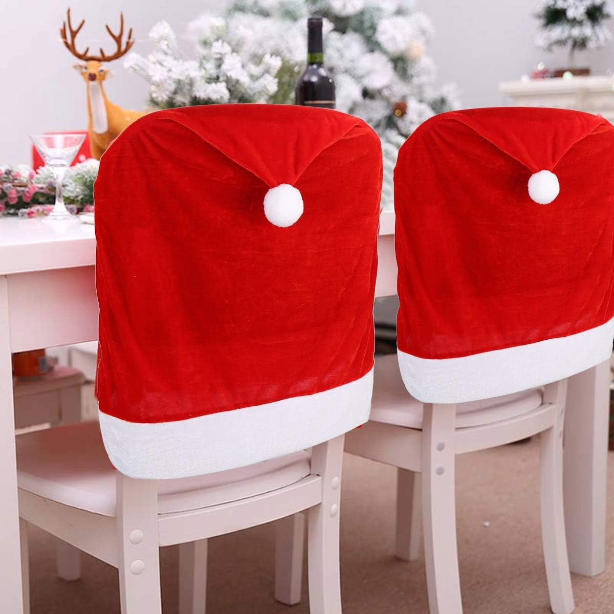 1 Set of 2 PCS Red Hat Dining Chair Slipcovers，Christmas Chair Back Covers Kitchen Chair Covers for Christmas Holiday Festival Decoration