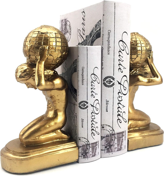 22968 Decorative Bookends Atlas Globe Greek Statues European Art Book Ends Stopper 7 Inch Golden