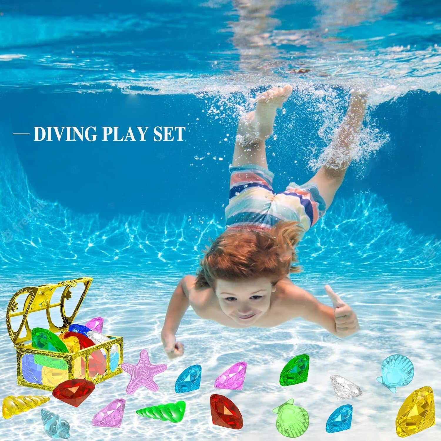 24Pcs Diving Gem Pool Toy Colorful Diamonds Set with Treasure Pirate Box Summer Underwater Swimming Toys for Boys and Girls