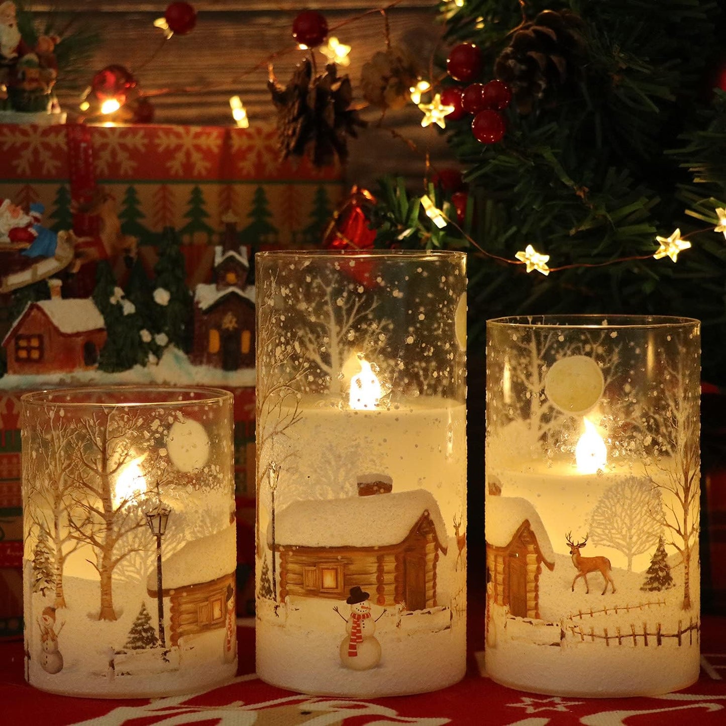 Christmas Tree Glass Flameless Candles with Remote Timer Battery Operated Real Wax 3D Wick LED Flickering Pillar Candles Christmas Holiday Decor(Gold, 3 X 4,5,6 Inch)