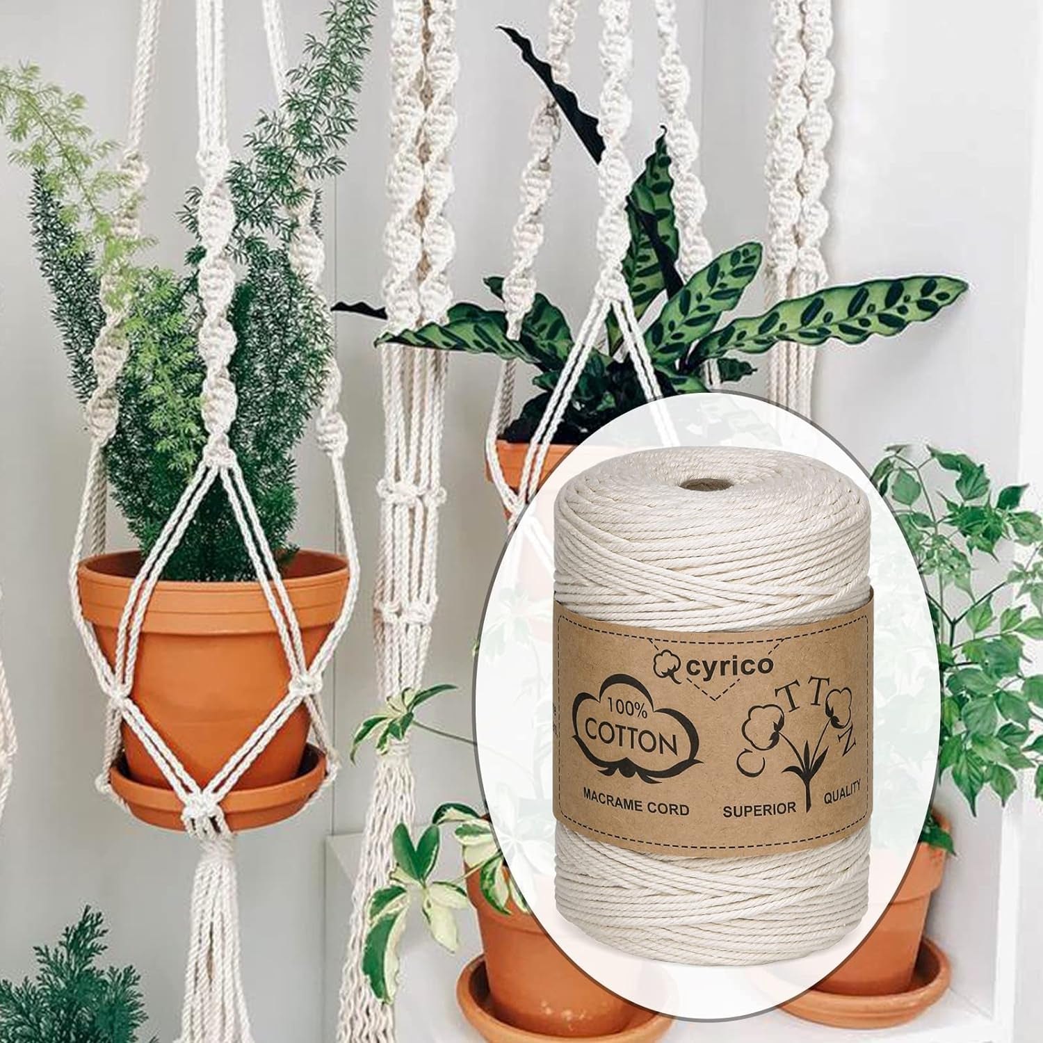 Macrame Cord 3Mm X 300 Yards, 100% Natural Cotton Cord Macrame Rope - Twisted Macrame String Supplies for Wall Hanging Plant Hangers Gift Wrapping Wedding Decorations