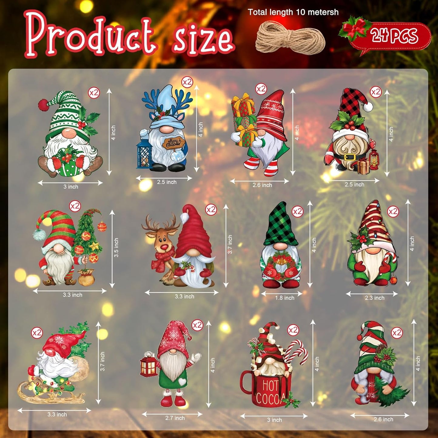 24 Pcs Christmas Gnome Wooden Hanging Ornaments,Gnome Wood Ornaments for Christmas Tree,Gnome Tree Decor Christmas Decoration