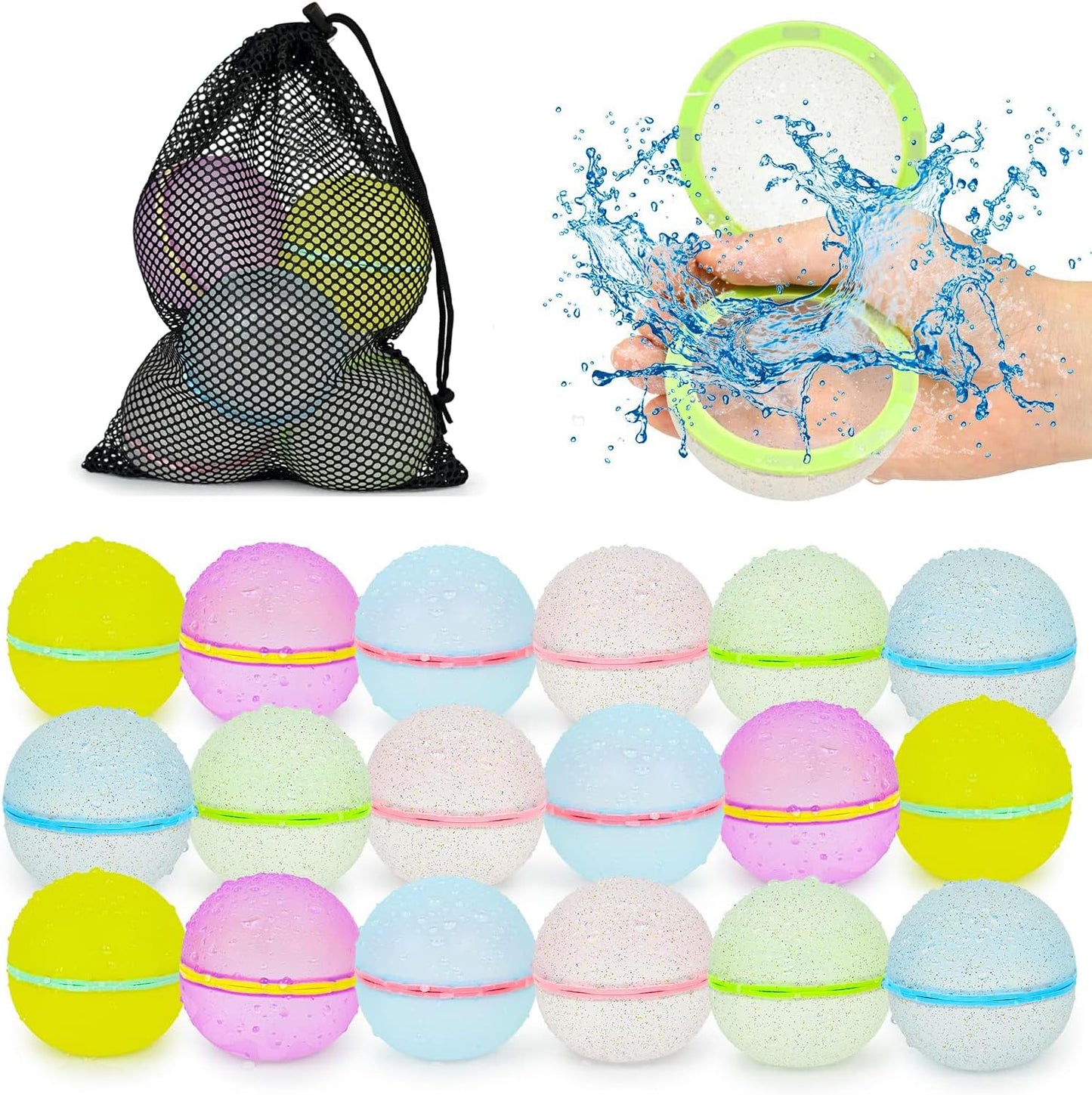 Reusable Water Balloons 12Pcs with Mesh Bag, Self Sealing Silicone Ball Latex-Free, No Clean Hassle, Easy to Fill, Summer Toys Water Toy Swimming Pool Beach Park Yard Outdoor Games Party Supplies
