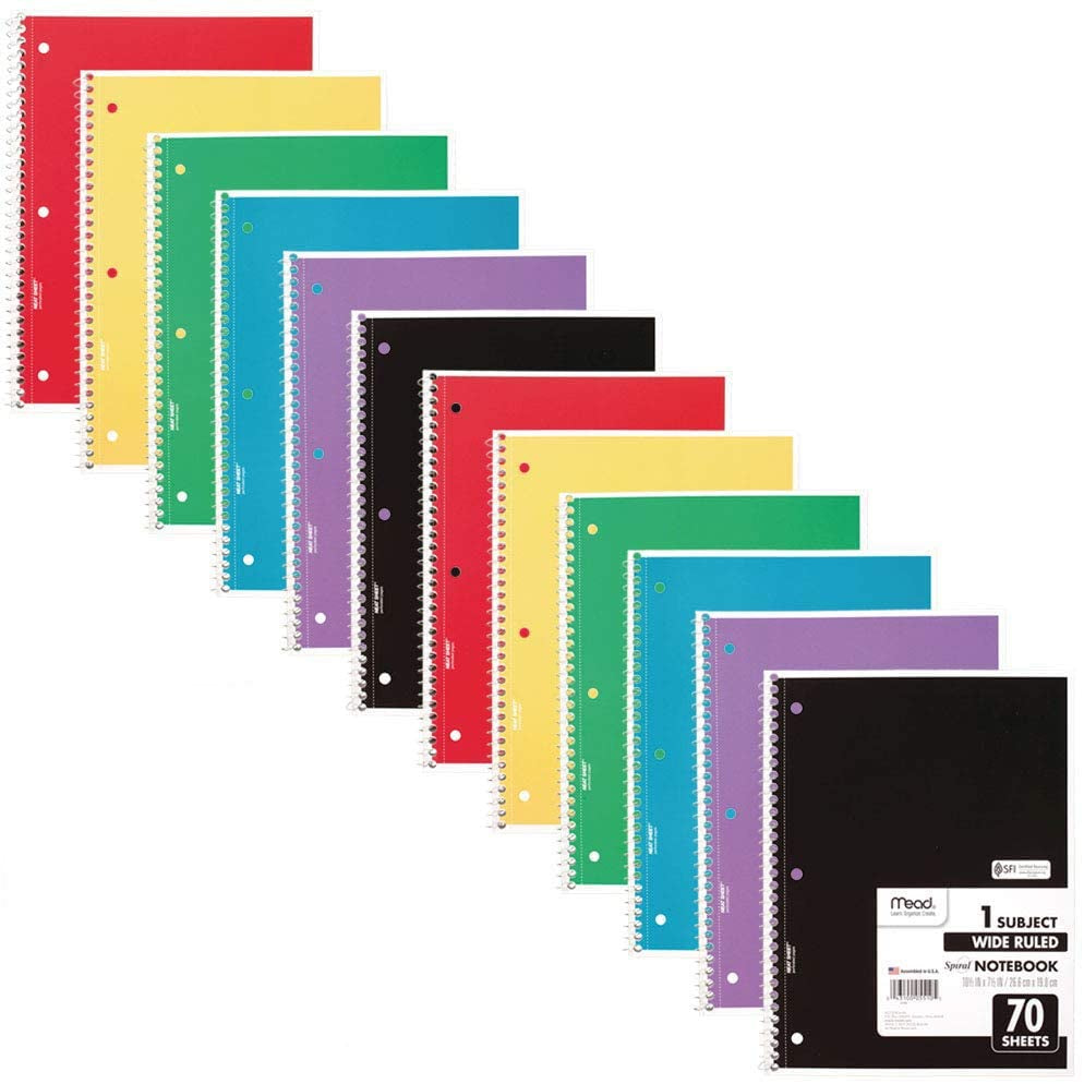 Spiral Notebook, 24 Pack, 1-Subject, Wide Ruled Paper, 7-1/2" X 10-1/2", 70 Sheets per Notebook, Color Will Vary (05510)