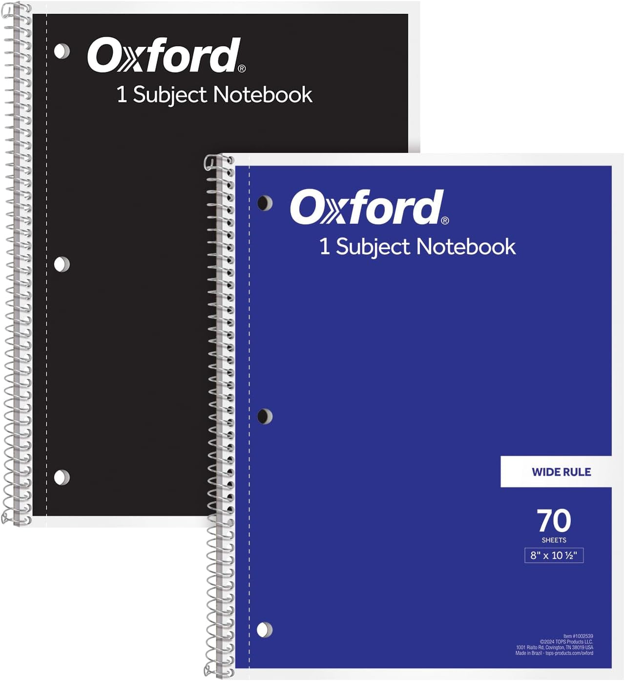 Spiral Notebooks, 1-Subject for School, Wide Ruled Paper, 70 Sheets, 8 X 10.5 Inches, Black, Blue, 2 Pack (1002539)