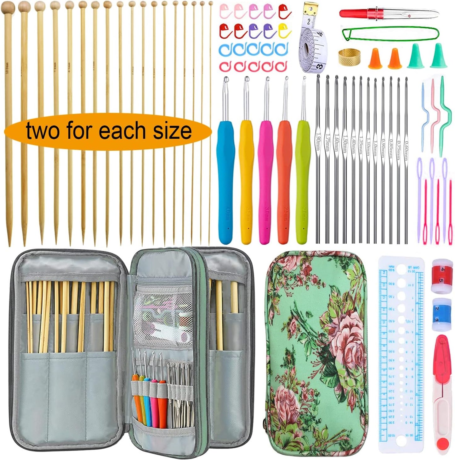 95Pcs Knitting Needles Kit&Crochet Hooks Set 36 Straight Bamboo Knitting Needle 12 Small Size Lace Crochet Hook 5 Ergonomic Crochet Needles Knitting Set with Knitting Supplies&Accessories