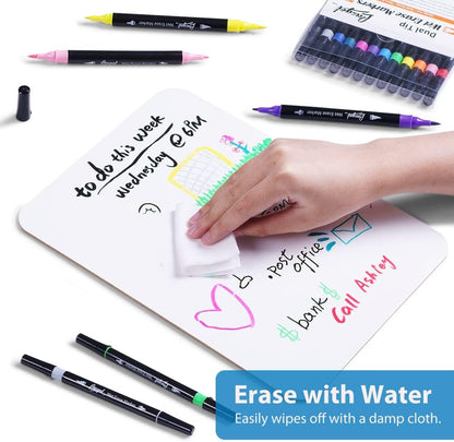 Wet Erase Markers Dual Tip,  12 Assorted Colors, Dual Tip Brush & Fine Overhead Transparency Smudge Free Markers for Dry Erase Whiteboard, Refrigerator Calendars, Glass, Films and Any Kind Of