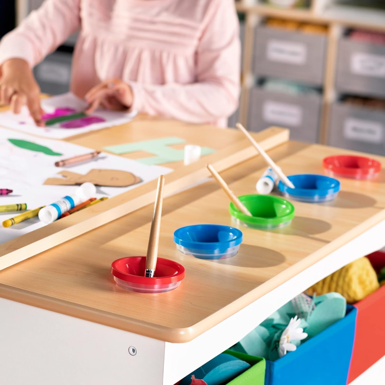 Arts and Crafts Center: Kids Activity Table and Drawing Desk with Stools, Storage Canvas Bins, Paper Roller, and Paint Cups | Toddlers Work Station - Children'S Wooden Learning Furniture
