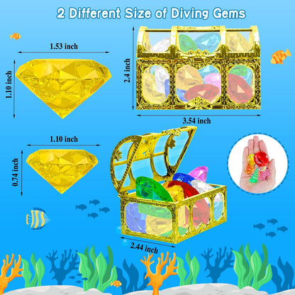 24Pcs Diving Gem Pool Toy Colorful Diamonds Set with Treasure Pirate Box Summer Underwater Swimming Toys for Boys and Girls